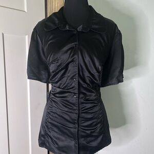 Vintage Black Satin Short Sleeve Button-Up Top Punk Whimsigoth Dark Academia